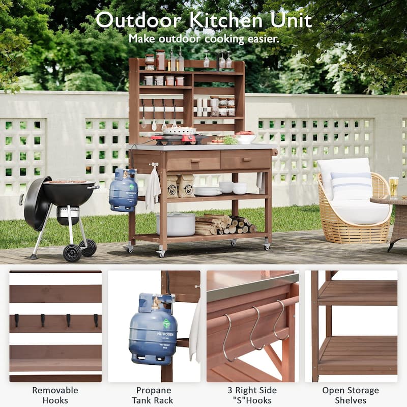 Outdoor Potting Bench Table with Lockable Wheels Solid Wood Kitchen Island and Stainless Steel Top
