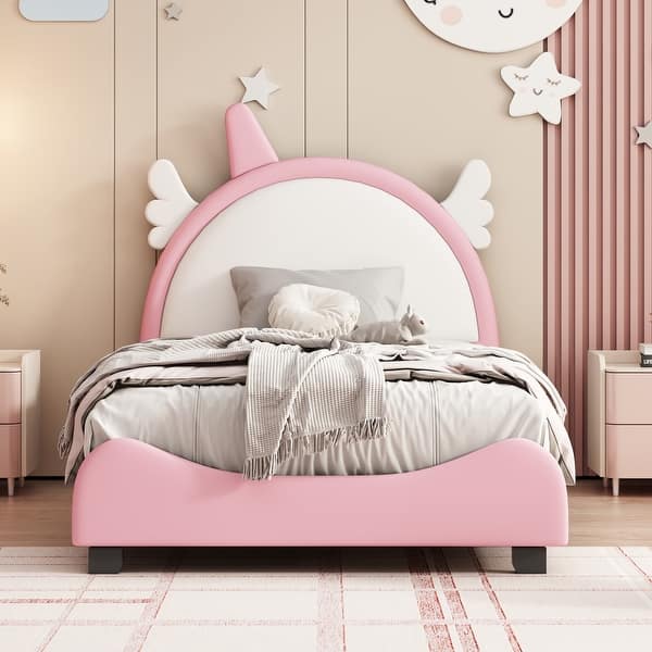 slide 2 of 16, PU Upholstered Princess Bed with Cute Unicorn Shaped Headboard Pink - Twin