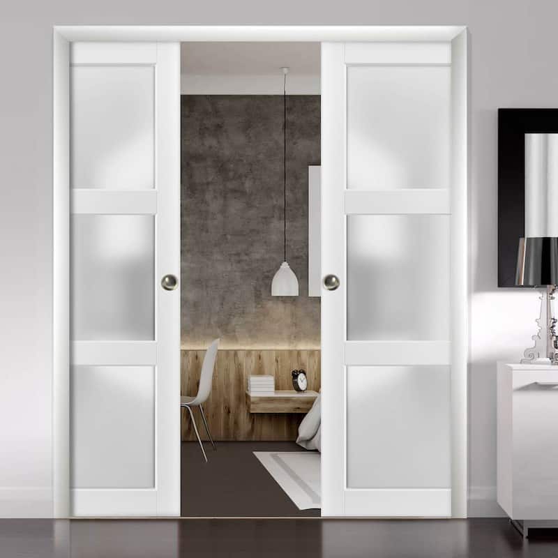 Sliding French Double Pocket Doors Frosted Glass 3 Lites/ Lucia 2552 White