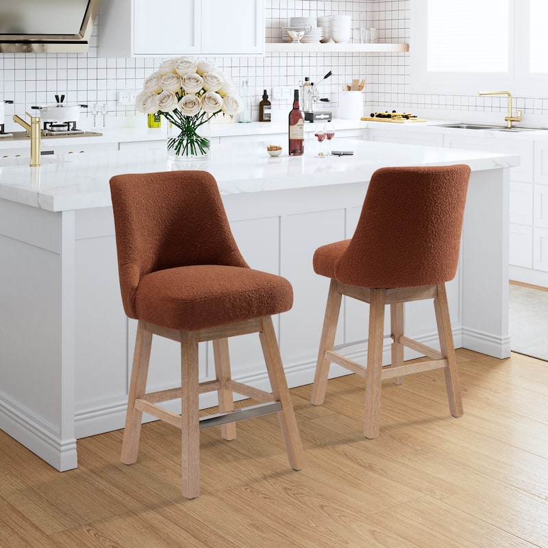 Boucle Polyester Upholstered Swivel Counter Stool - Foot Glides (Set of 2) - Rust Orange