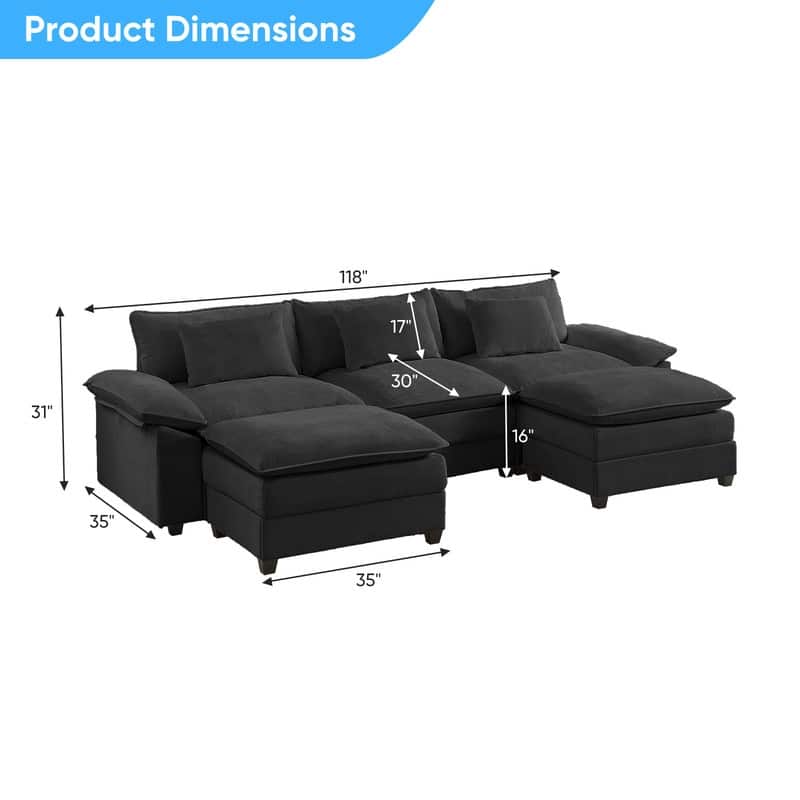 Modern 118'' U-Shaped Modular Sectional Sofa with 2 Ottomans, 5-Seat Cloud Couch, Modern Chenille Sofa Sleeper Deep Seat Couches