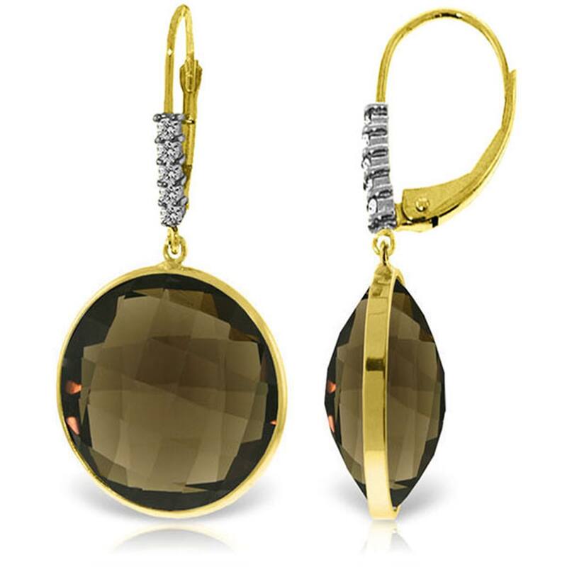 14K Solid Gold Diamonds Earrings w/ Checkerboard Cut Smoky Quartz - Yellow