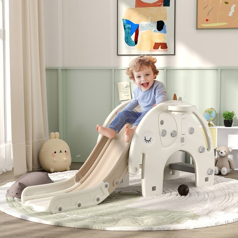 Cream White 3 in 1 Kids Slide Climber and Basketball Hoop Playset for Toddlers 1 to 3 Years - 64.2" L x 22.4" W x 29.5" H