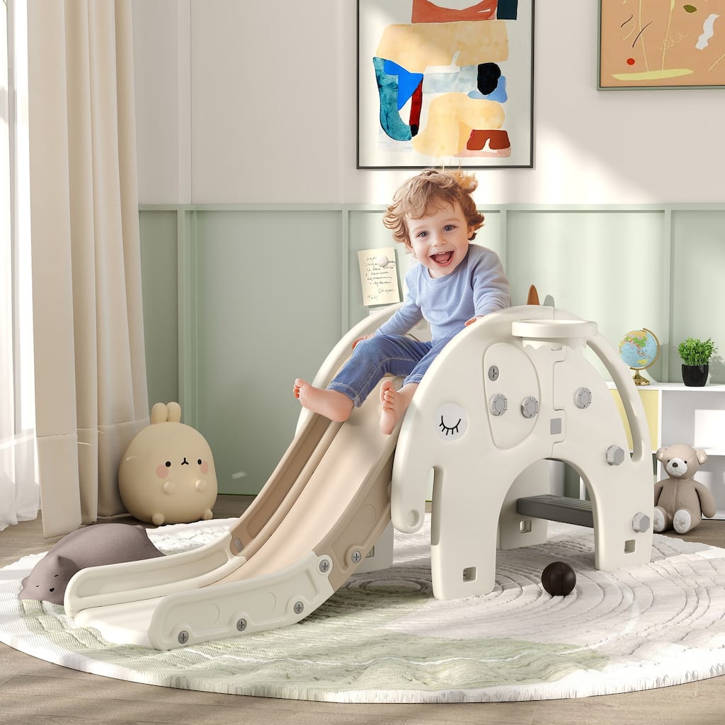 Cream White 3 in 1 Kids Slide Climber and Basketball Hoop Playset for Toddlers 1 to 3 Years - 64.2" L x 22.4" W x 29.5" H