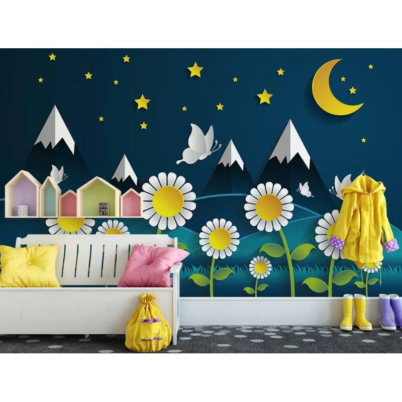 GK Wall Design Kids Cartoon Nightscape Daisy and Mountain Removable Wallpaper