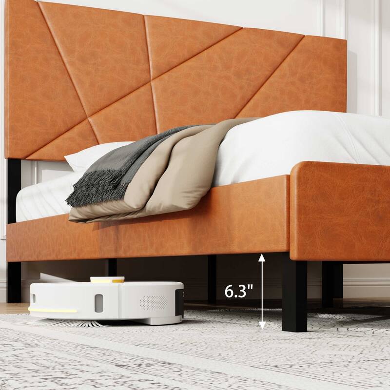 Heavy Duty Metal Bed Frame, Square Leather Upholstered Platform Bed with Under Bed Storage, No Box Spring Needed