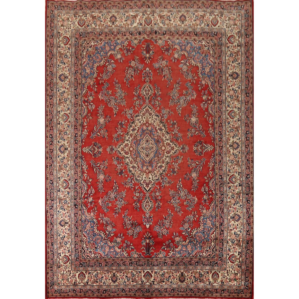 Orange Floral Hamedan Vintage Persian Area Rug Handmade Wool Carpet - 8'11" x 11'11"