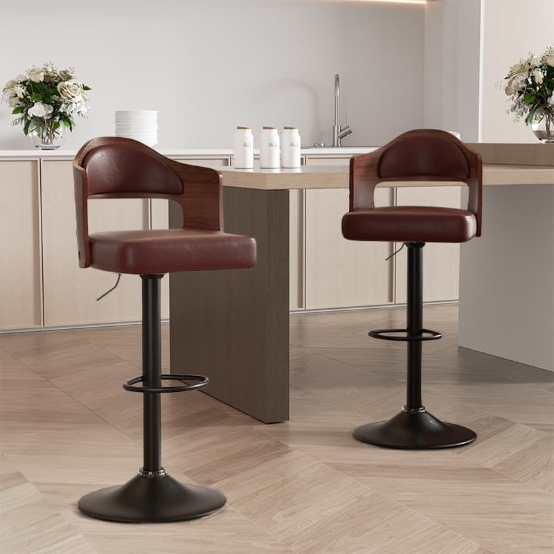 Swivel Bar Stools Set of 2 Seat Adjustable Height 24.5-33.5IN, Wooden Barstools PU Leather Upholstered Bar Chairs - Brown