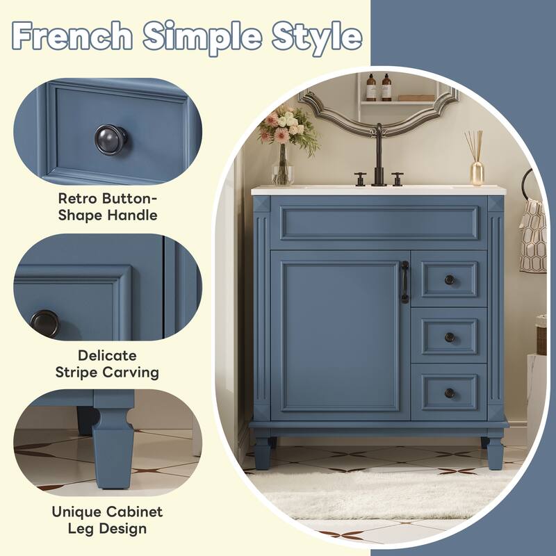 30" Bathroom Vanity with Ceramic Sink, Small Bathroom Sink Cabinet, Modern Cabinet with 2 Drawers and Adjustable Shelf