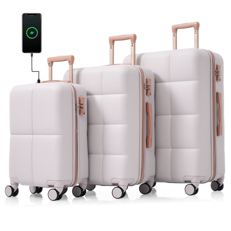 Merax 3 Piece Carry-on Luggage Set, ABS Hard Shell Lightweight Durable Luggage w/USB Port, Cup Holder and Spinner Wheels - Grey