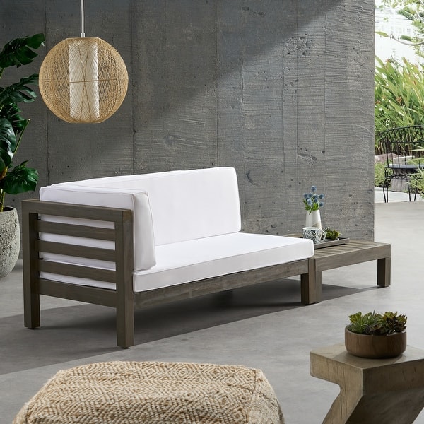 slide 1 of 17, Oana Outdoor Acacia Wood Left Arm Loveseat and Coffee Table Set with Cushion by Christopher Knight Home Gray/ White