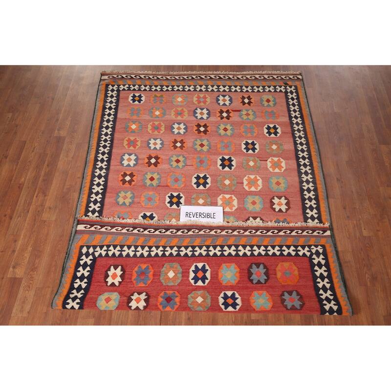 Kilim Qashqai Persian Vintage Rug Hand-Woven Pink Wool Carpet - 5'0"x 7'10"