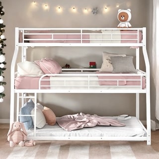 Triple Bunk Bed with Two Ladder and Guardrails, White