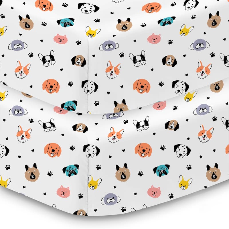 BreathableBaby Cotton Percale Fitted Sheet, For 52" x 28"/132 x 71 cm Crib & Toddler Bed Mattress, Prints (2-Pack) - Dogs