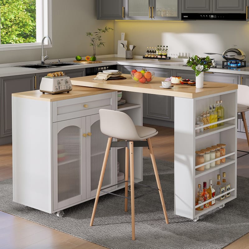 Mobile Kitchen Island with Storage and Rotating Tabletop - 23.6"D x 71.1'"W x 36.6"H
