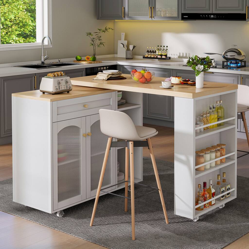 Mobile Kitchen Island with Storage and Rotating Tabletop - 23.6"D x 71.1'"W x 36.6"H