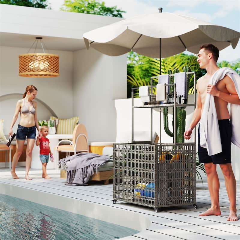 Wicker Pool Storage Basket with Wheels Shelf and Steel Frame for Outdoor Pool Supplies Organization