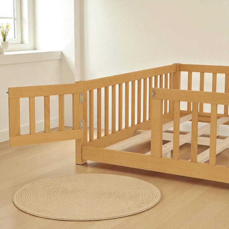 Twin/Full/Queen Size Wood Floor Bed with Door and Guardrails for Kids, Montessori Bed with Removable Slats