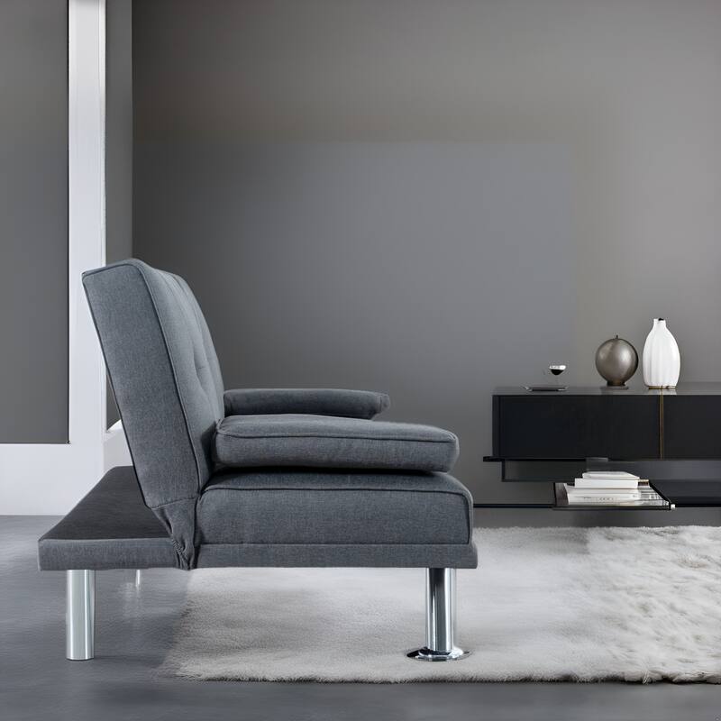 Convertible Futon Sofa Bed with Armrests & Cupholders - Faux Leather Reclining Couch for Small Spaces