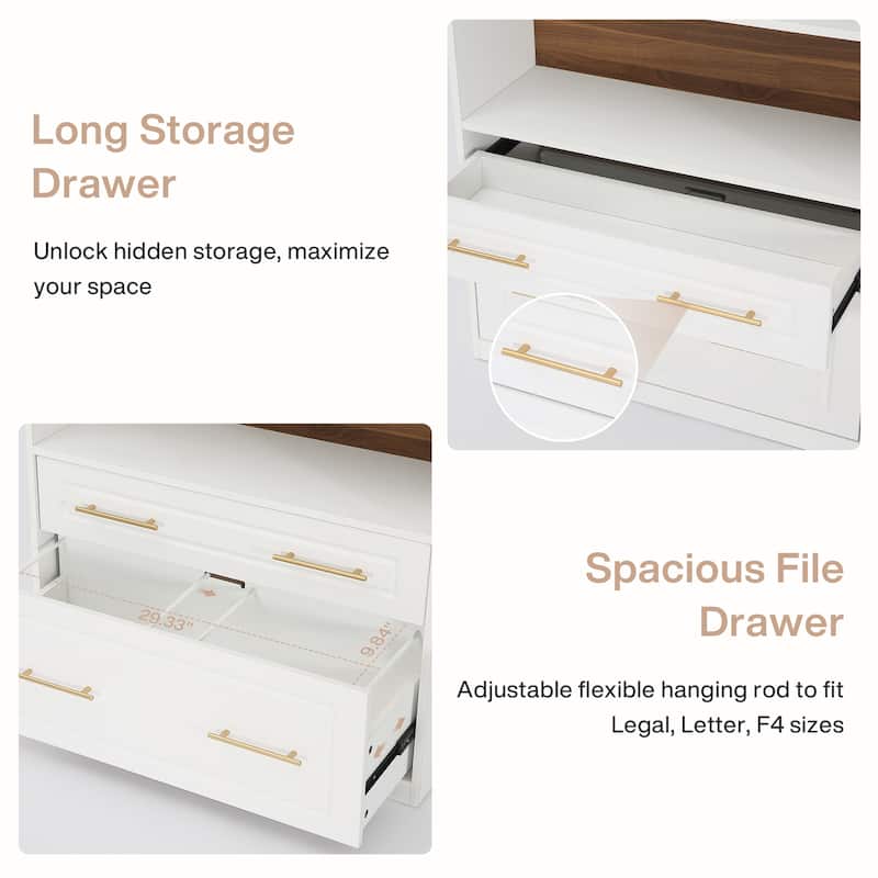 5-Tier White Arched Bookshelf with File Cabinet Drawer, 76.8" Tall Freestanding Wooden Bookcase