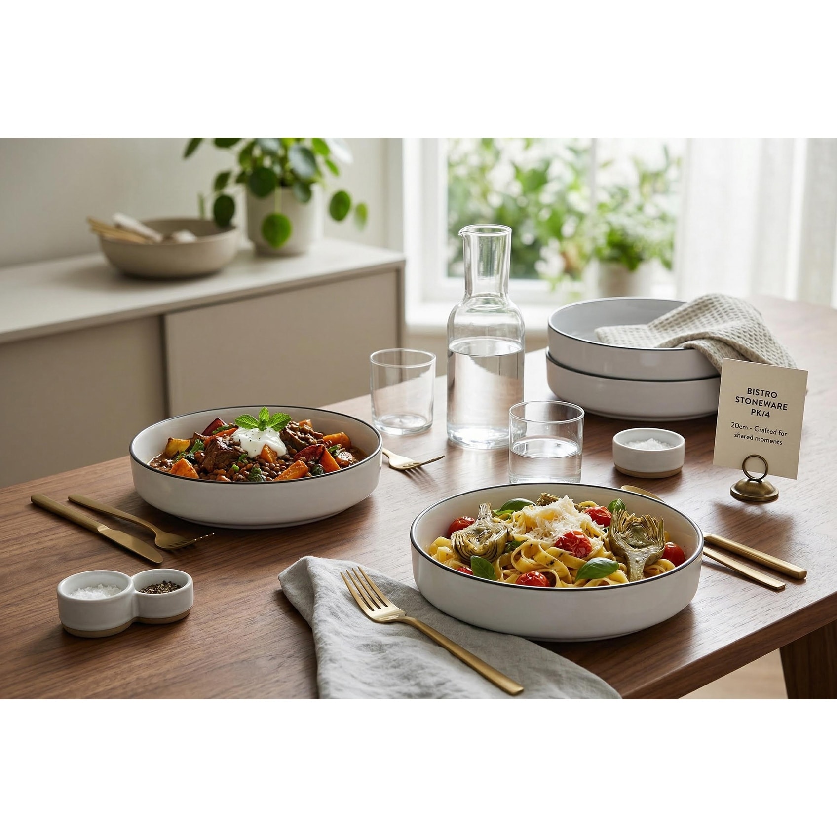 Cena Home Bistro Dinner Bowls, Set of 4, 7.8-inch Stoneware Pasta and Salad Bowls, White with Classic Black Rim