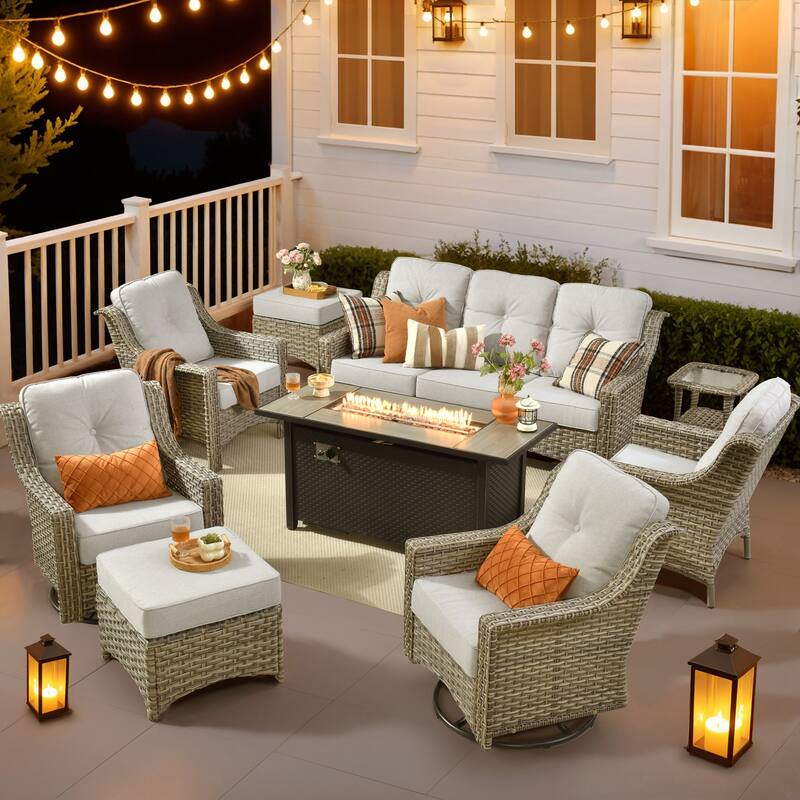 HOOOWOOO 9-piece Patio Furniture Set High Backrest Swivel Chairs with Fire Pit - Grey