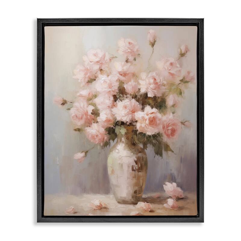 Stupell Vase of Soft Pink Roses Framed Floater Canvas Wall Art Design By Arlington Prints - 17 x 21 - Black