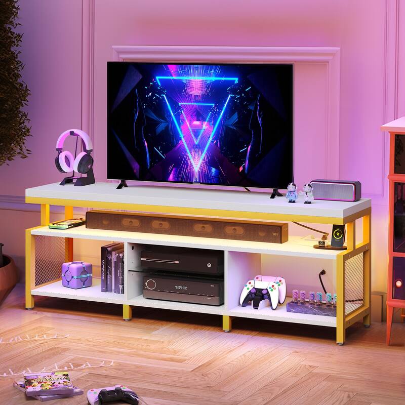 Industrial Wood TV Stand with LED Light with Open Storage Shelves Power Outlets Bluetooth Remote