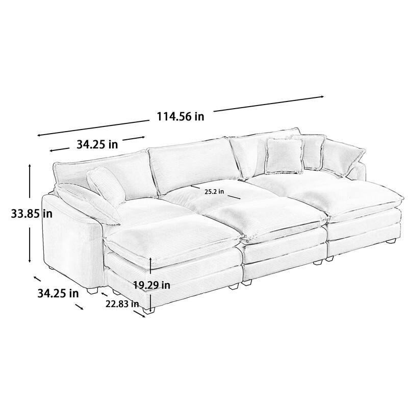 Grey Oversized Corduroy Cloud Sleeper Sofa with 3 Ottomans and 5 Pillows