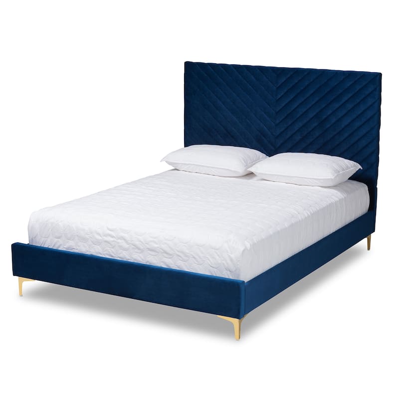 Fabrico Glam & Luxe Velvet Upholstered Metal Platform Bed - Navy Blue, Gold - Queen