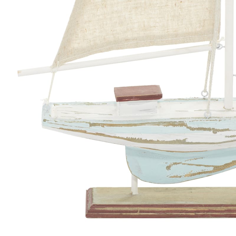 Blue Wood Distressed Sail Boat Decorative Sculpture with Cream Linen Sails and Brown Accents