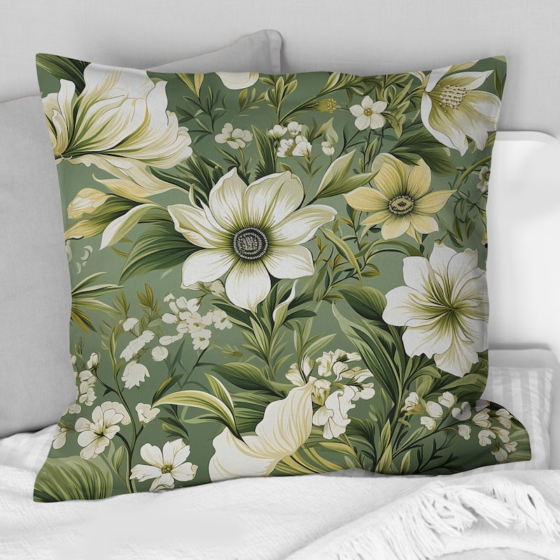 Designart "Green Floral Flourishes Elegance I" Floral Printed Throw Pillow - 16 x 16
