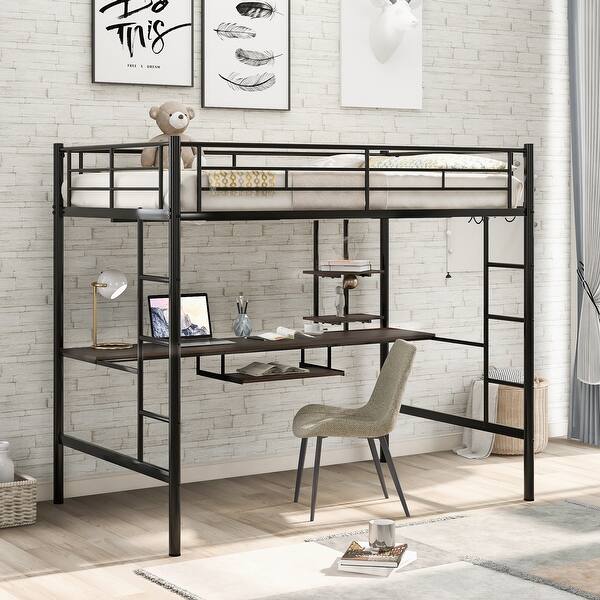 slide 2 of 12, Loft Bed with Desk and Shelf , Space Saving Design,Full,Black Black