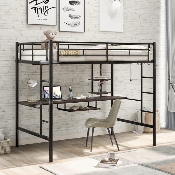 slide 2 of 12, Minimalist Style Full Size Loft Kids Bed with Desk,Ladder,Guardrail and Shelf,Space Saving Design Black