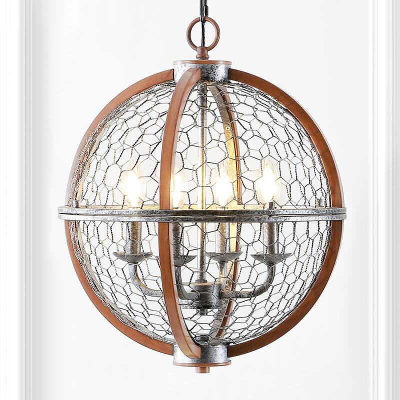 Paysan 16" 4-Light Adjustable Iron Rustic Industrial LED Pendant, Brown/Silver by JONATHAN Y - Silver/Brown
