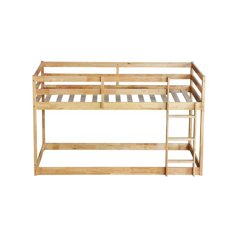 Wooden Twin over Twin Floor Bunk Bed with Ladder, with Bed Platform of Strengthened Slats