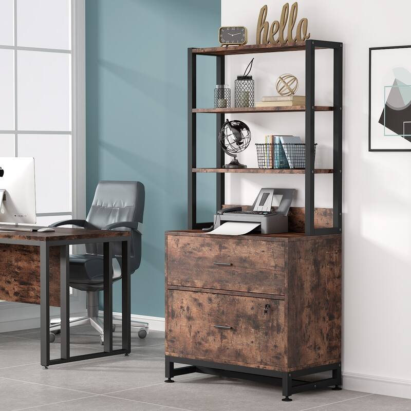 Bookshelf Bookcase with Open Storage Shelves 2 Drawer - Brown