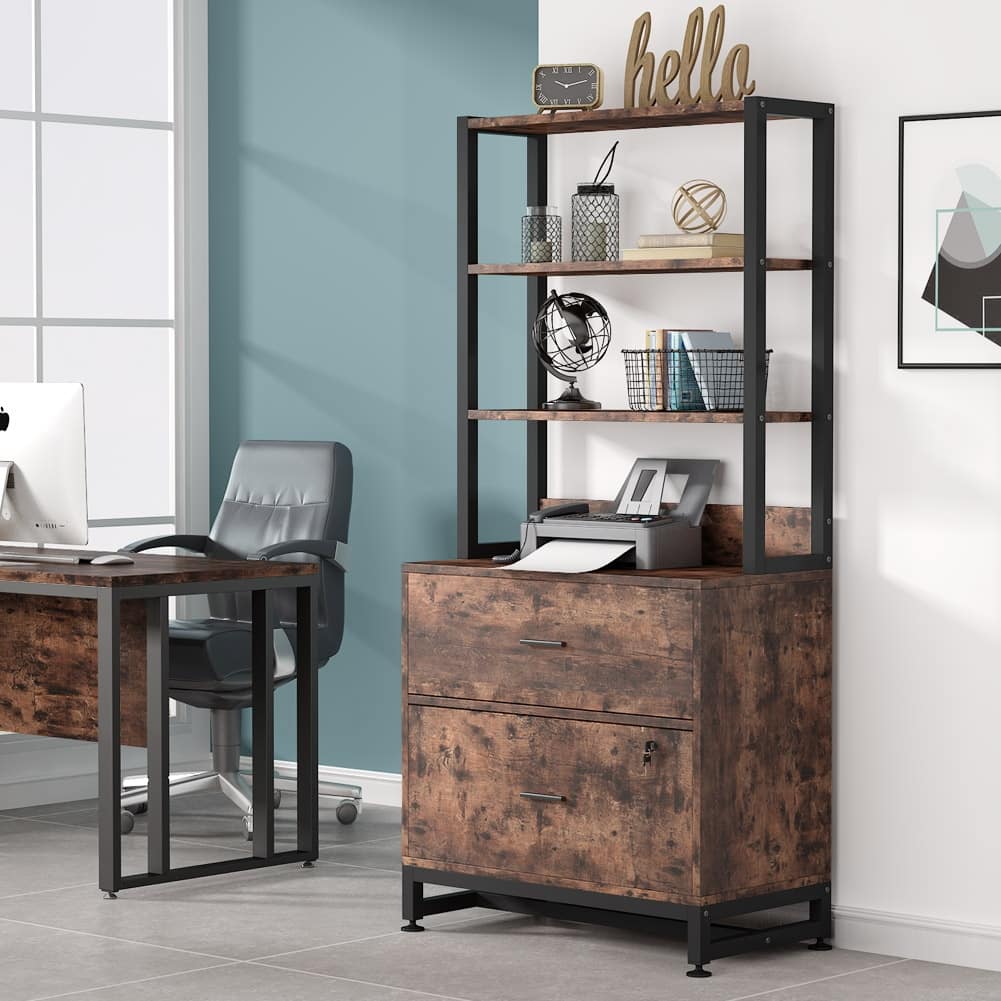 Bookshelf Bookcase with Open Storage Shelves 2 Drawer