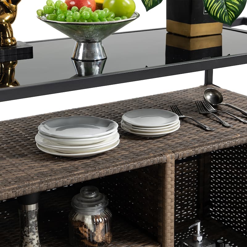 Outdoor Patio Wicker Bar Cart with Storage Cabinet and Glass Top, Rolling Rattan Beverage Bar Table w/360掳 Wheels & Open Shelve