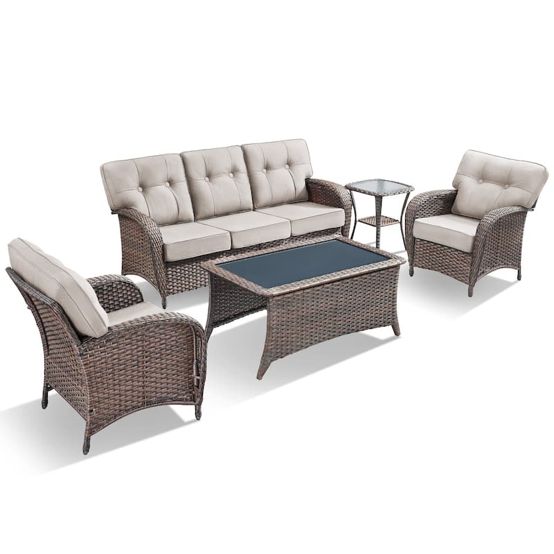 TWrap 5-Piece Patio Brown Wicker Sofa Conversation Set with 5-Inch Thick Cushions