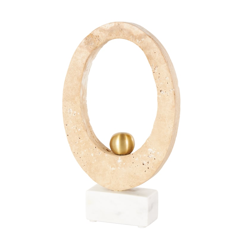 Cream Marble Oval Abstract Decorative Sculpture with Gold Ball and White Base