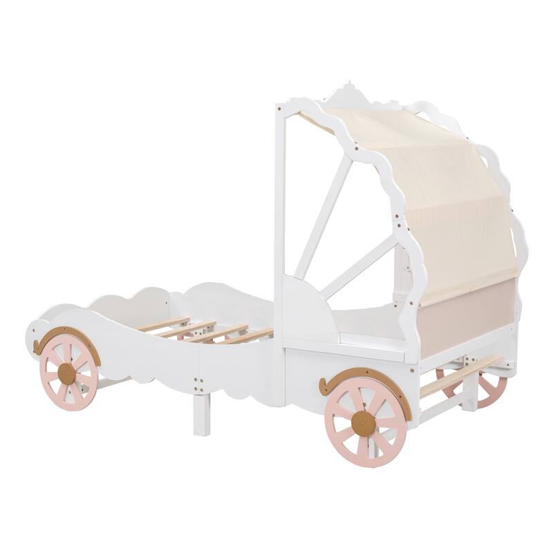 Platform Princess Bed Frame Carriage Bed White+Pink Bed Bath