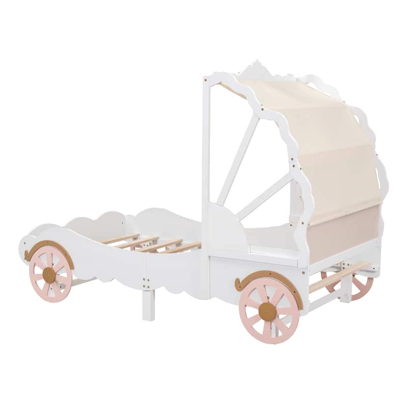 Princess Carriage Bed with Canopy, Wooden Platform Car Bed with 3D ...