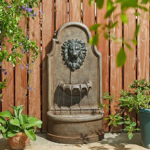 slide 15 of 15, Glitzhome 31.75"H LED 3-Tier Oversized Resin Lion Outdoor Waterfall Fountain Brown