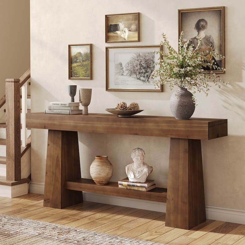 63 Inch Farmhouse Solid Wood Console Table for Entryway - Rustic Brown