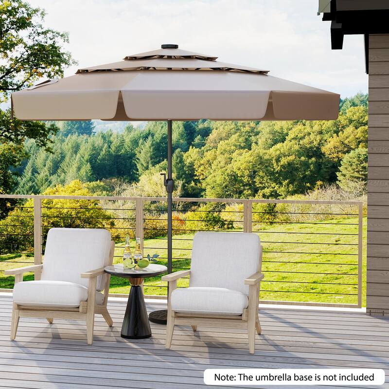 10FT Polyester Patio Umbrella with Solar Lights and Tilt Crank 3-Tier Vented Shade for Backyard