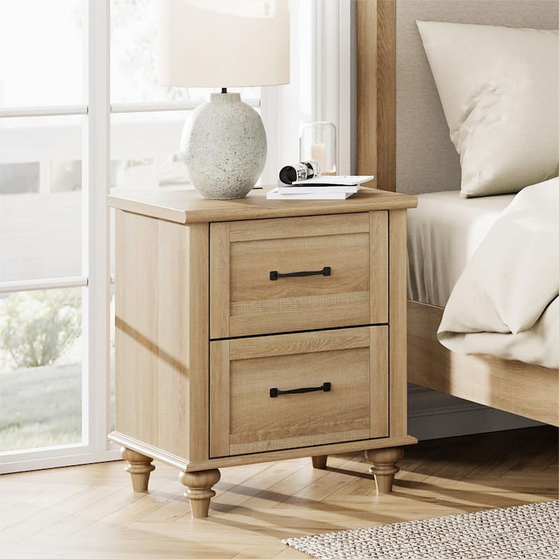 Nightstand with Charging Station, 2-Drawer End Table for Bedroom - Oak - 2-drawer