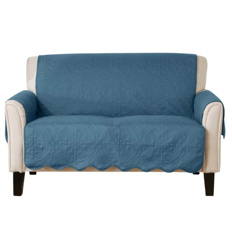 Reversible Love Seat Cover Quilted Pet Furniture Protector Slipcover - Smoke Blue / Ivory