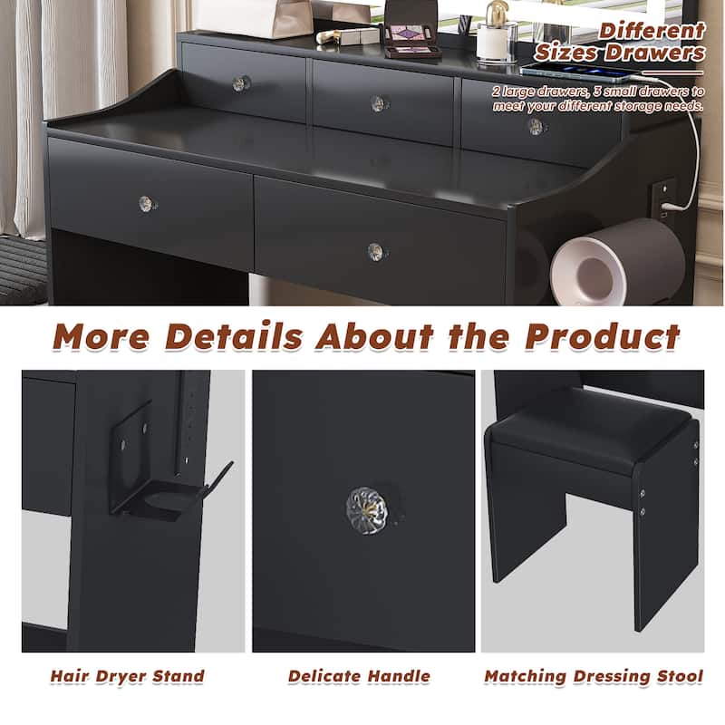 Mirror Vanity Desk,Makeup Vanity Set with Power Outlet and Hair dryer holder,5 Drawers,3 Lighting Color Adjustable