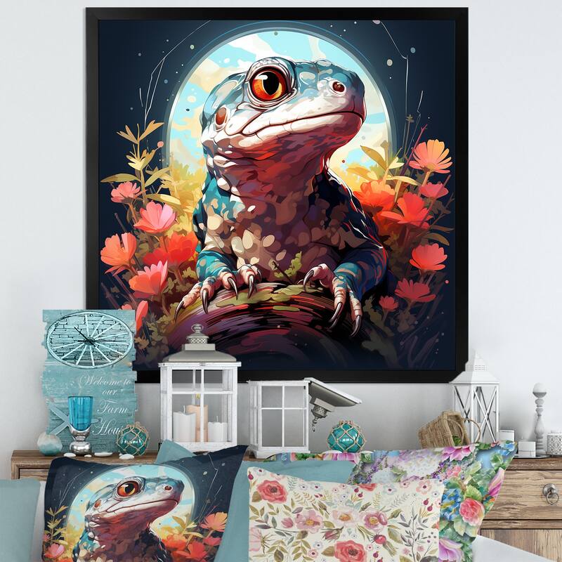 Designart "Salamander Reptile Portrait II" Reptile/Amphibian Wall Decor Pink Modern Entryway Framed Wall Art - 36 in. wide x 36 in. high - Black